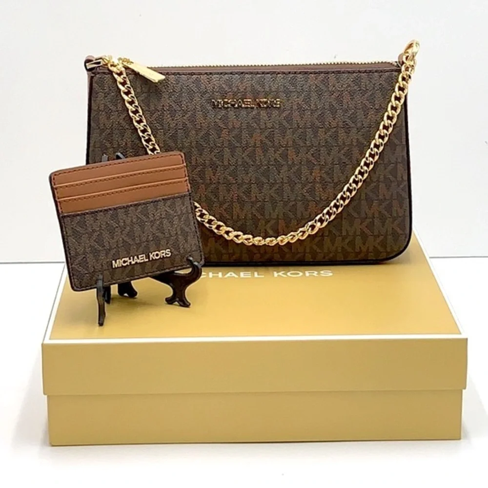 MICHAEL KORS GIFTABLE SHOULDER BAG & CARD HOLDER BOXED SET Brown signature NWT